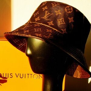 Louis Vuitton Monogram Leather Bucket Hat LV Brown Yellow Jacquard Brown